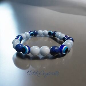 Evil Eye Bracelet With Lapis Lazuli & Angelite Stones 8mm Unisex Bracelet